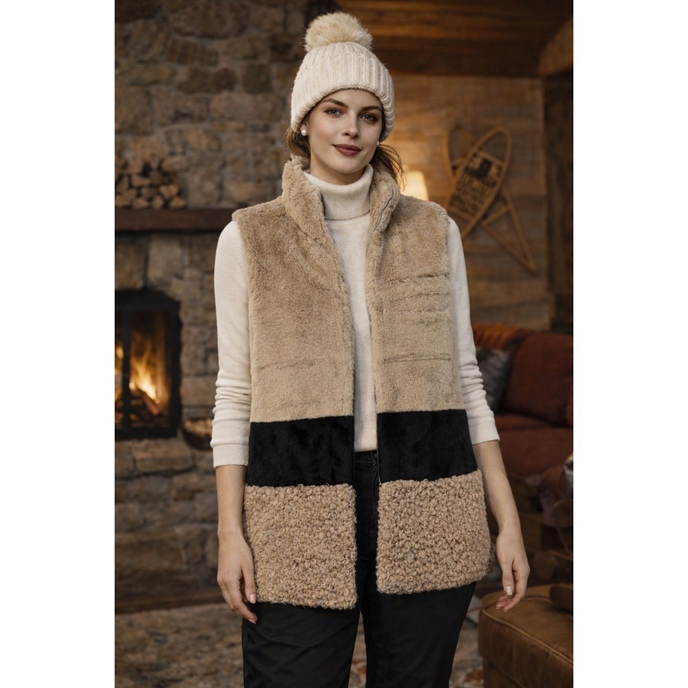 Johnston Murphy Faux Fur Colorblock Vest Womens Medium Cream Black Beige NEW